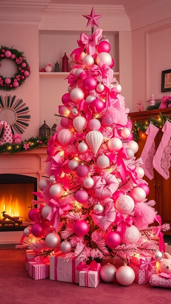 A pink Christmas tree decorated with ornaments and lights in a festive living room setting.